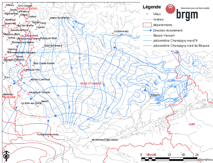 Carte piézométrique de la nappe du calcaire de Champigny en 1974 