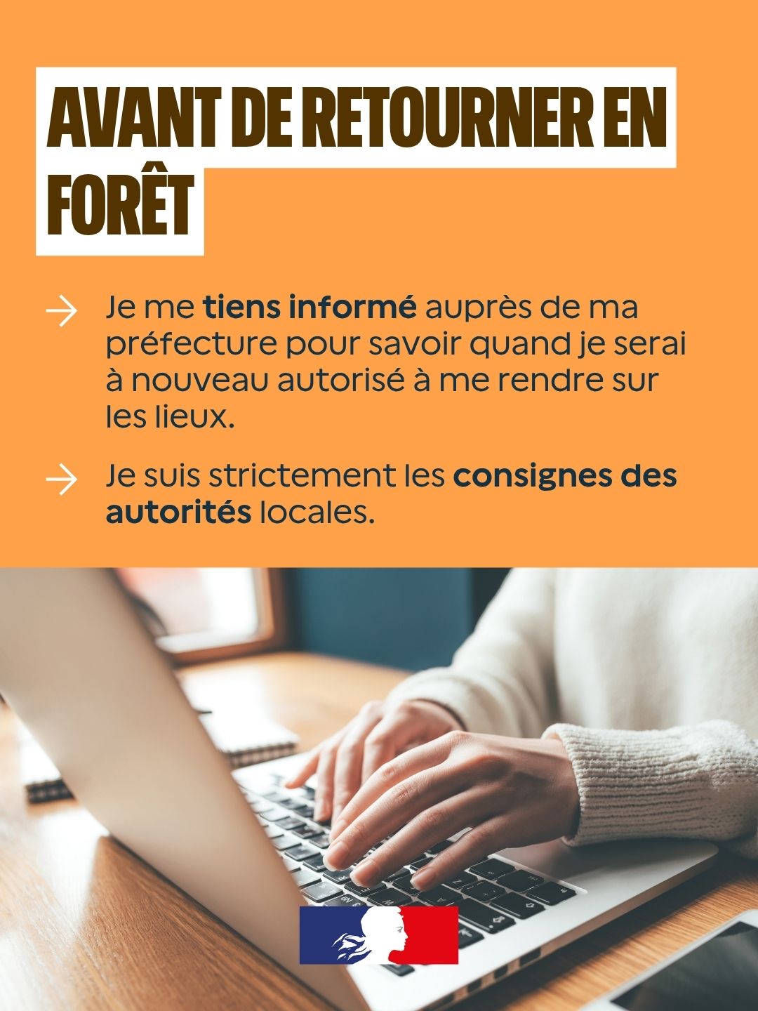 Image 6 : Personne consultant un ordinateur portable. Texte : « Avant de retourner en forêt : je me tiens informé auprès de ma préfecture pour savoir quand je serai à nouveau autorisé à me rendre sur les lieux. Je suis strictement les consignes des autorités locales. »