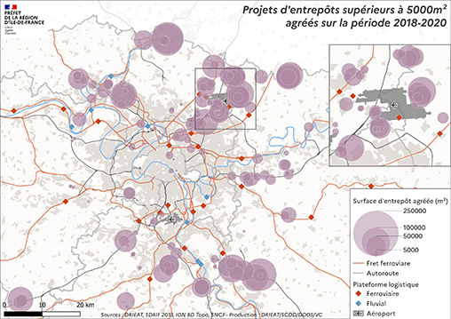 Carte projets d'entrepôts supérieurs à 5000m² sur la période 2018-2020