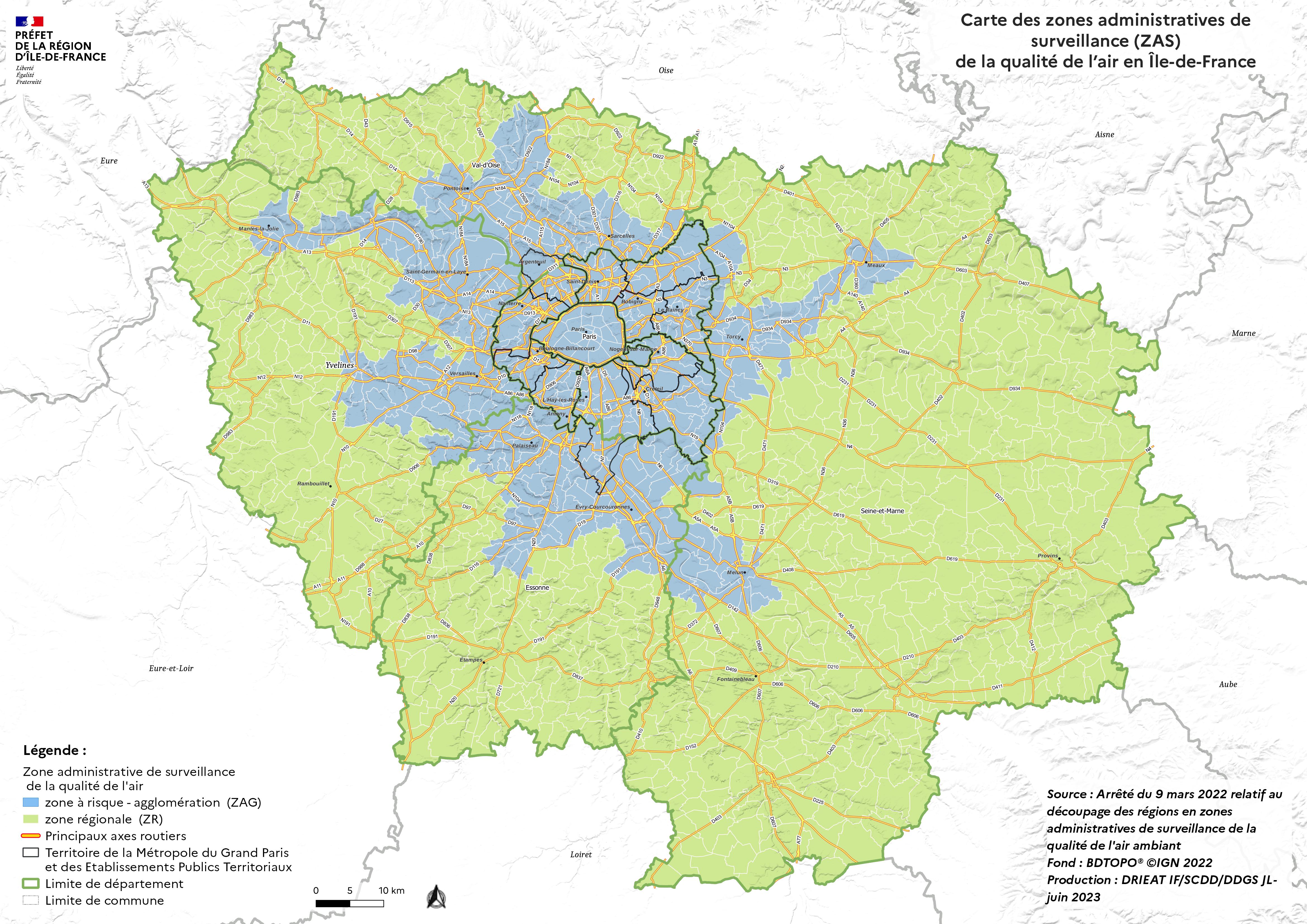 Carte de la zone sensible pour la qualité de l'air en Ile-de-France