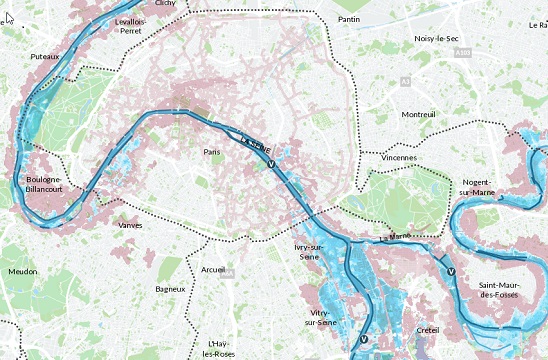 En rose, les secteurs non inondés potentiellement impactés par des fragilités réseaux sont représentés (scénario de crue 