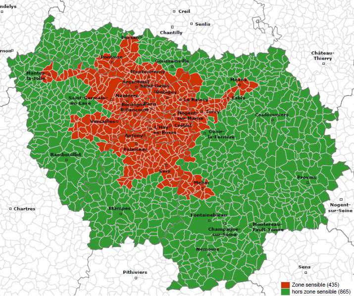 Carte des communes franciliennes situées au sein de la zone sensible pour la qualité de l’air