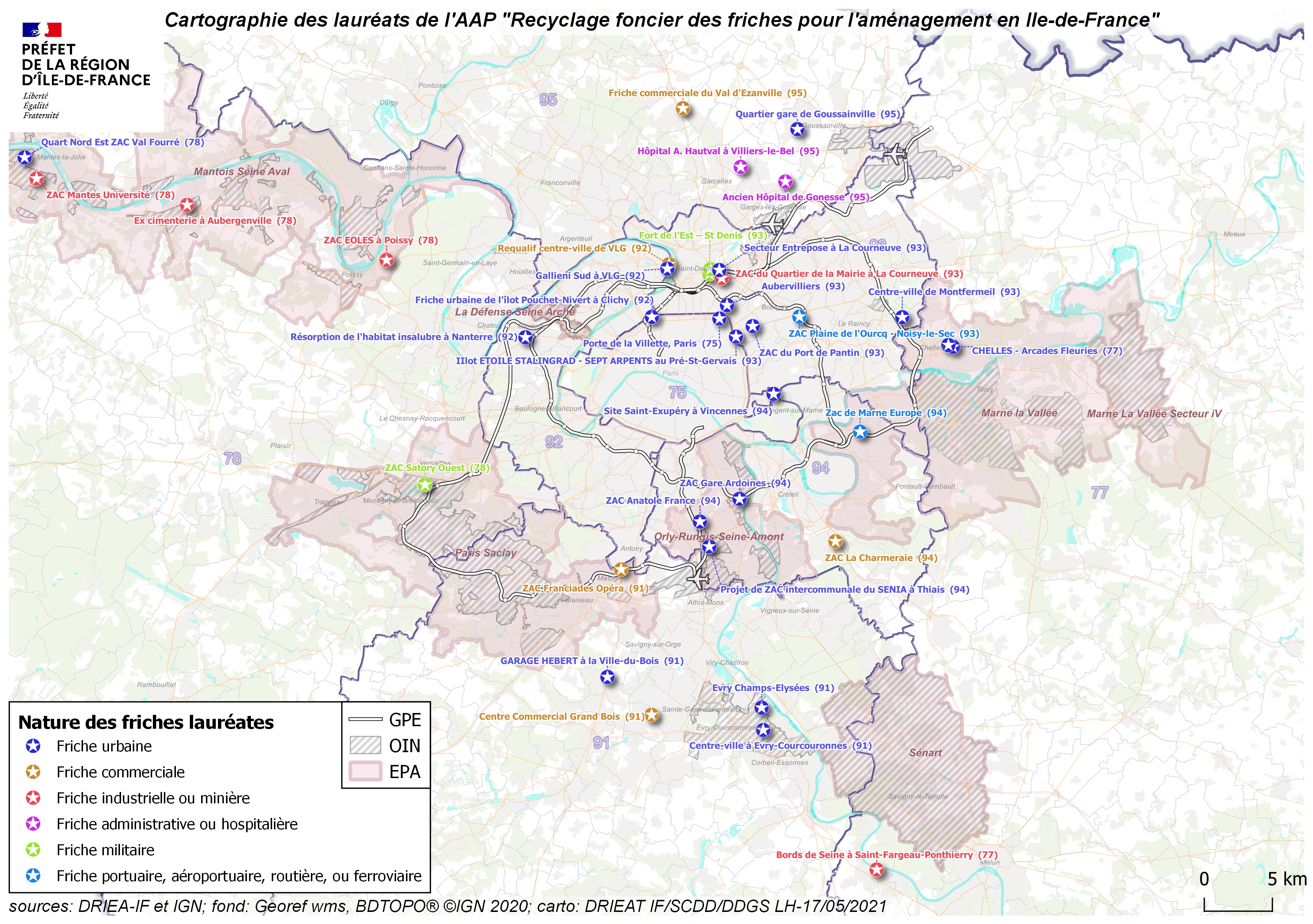 Localisation des 46 lauréats franciliens de la 1ère édition du fonds friches du plan de relance