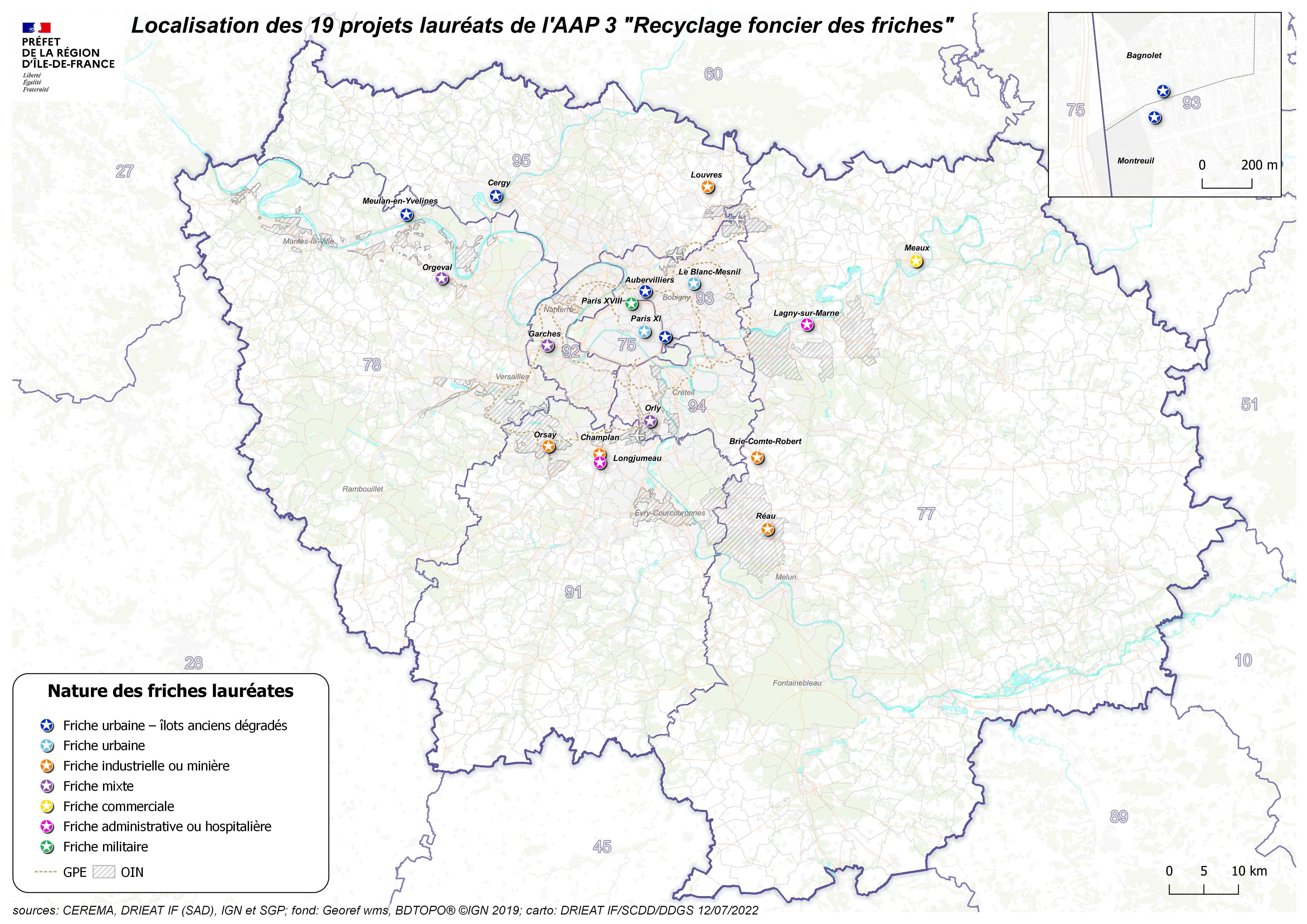 Localisation des 19 lauréats franciliens de la 3ème édition du fonds friches du plan de Relance