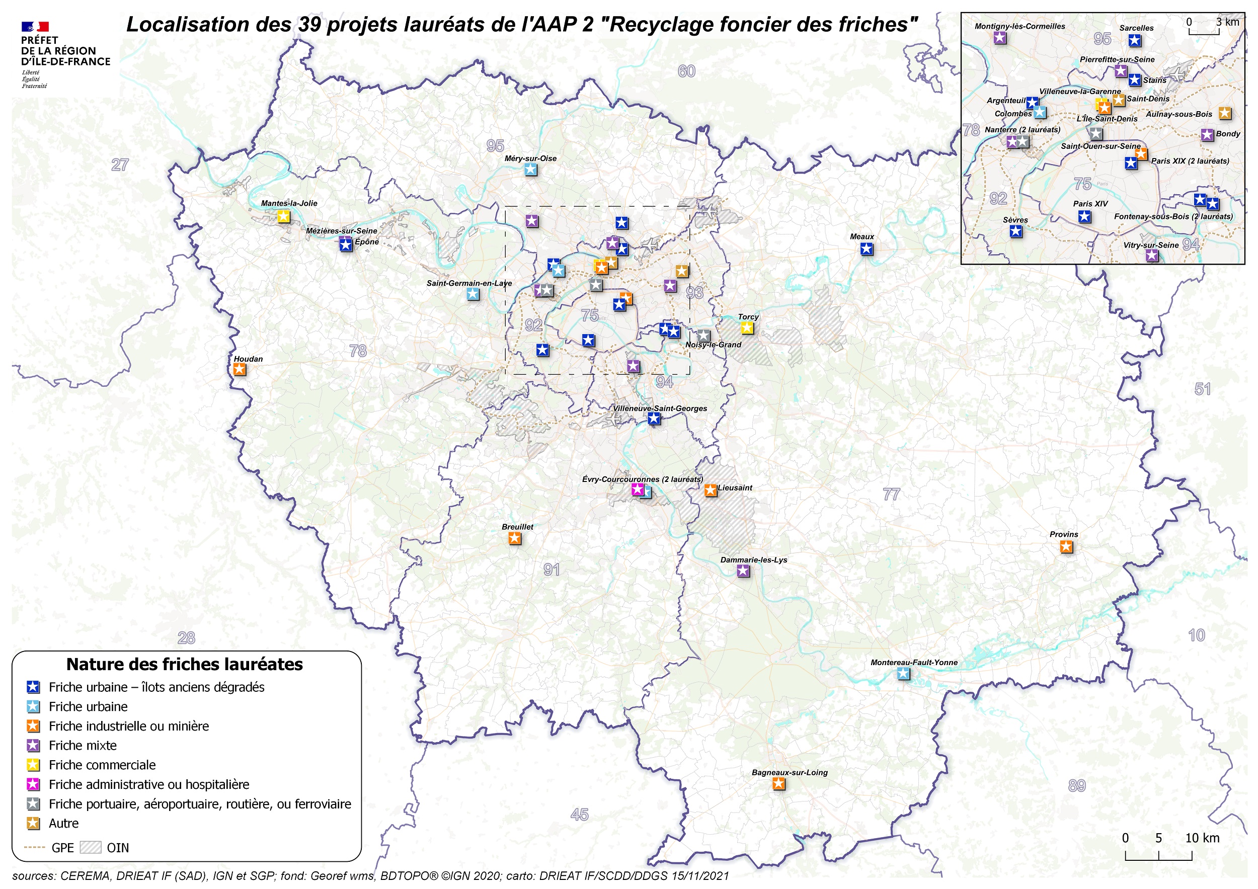 Localisation des 39 lauréats franciliens de la 2ème édition du fonds friches du plan de Relance