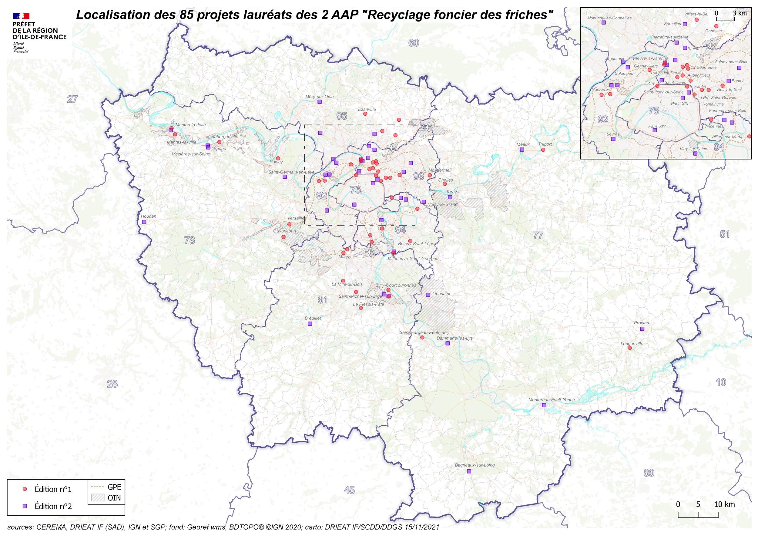 Localisation des 85 lauréats franciliens des 2 premières éditions du fonds friches du plan de Relance