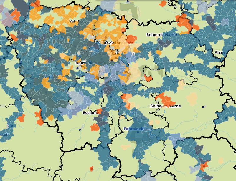 Communes franciliennes concernées par un PPR inondation (en bleu), mouvement de terrain (jaune) et/ou technologique (orange) prescrits ou approuvés (août 2022) Communes franciliennes concernées par un PPR inondation (en bleu), mouvement de terrain (jaune) et/ou technologique (orange) prescrits ou approuvés (août 2022)