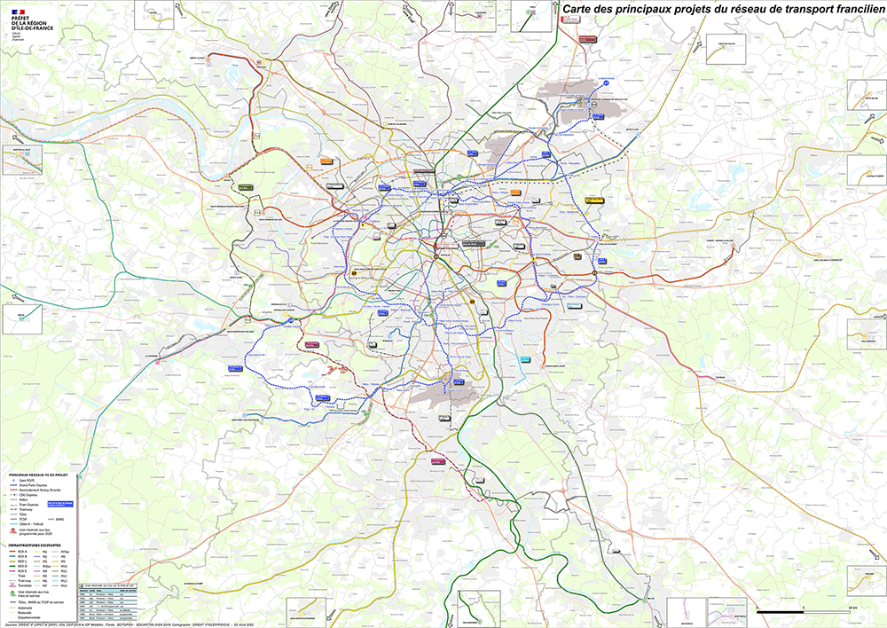 Carte des principaux projets du réseau de transport francilien