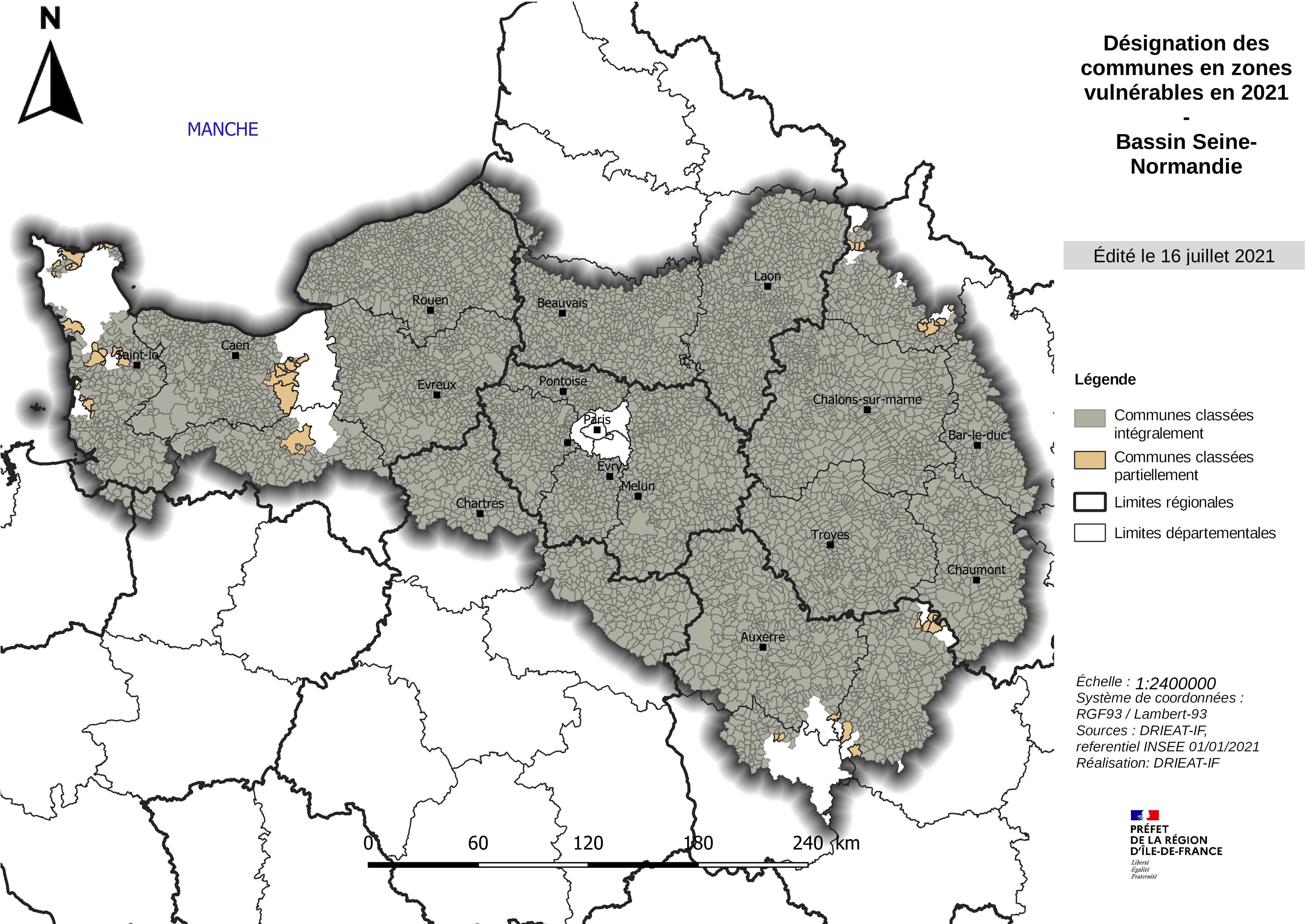 Carte de désignation des communes du bassin Seine-Normandie en zones vulnérables 
