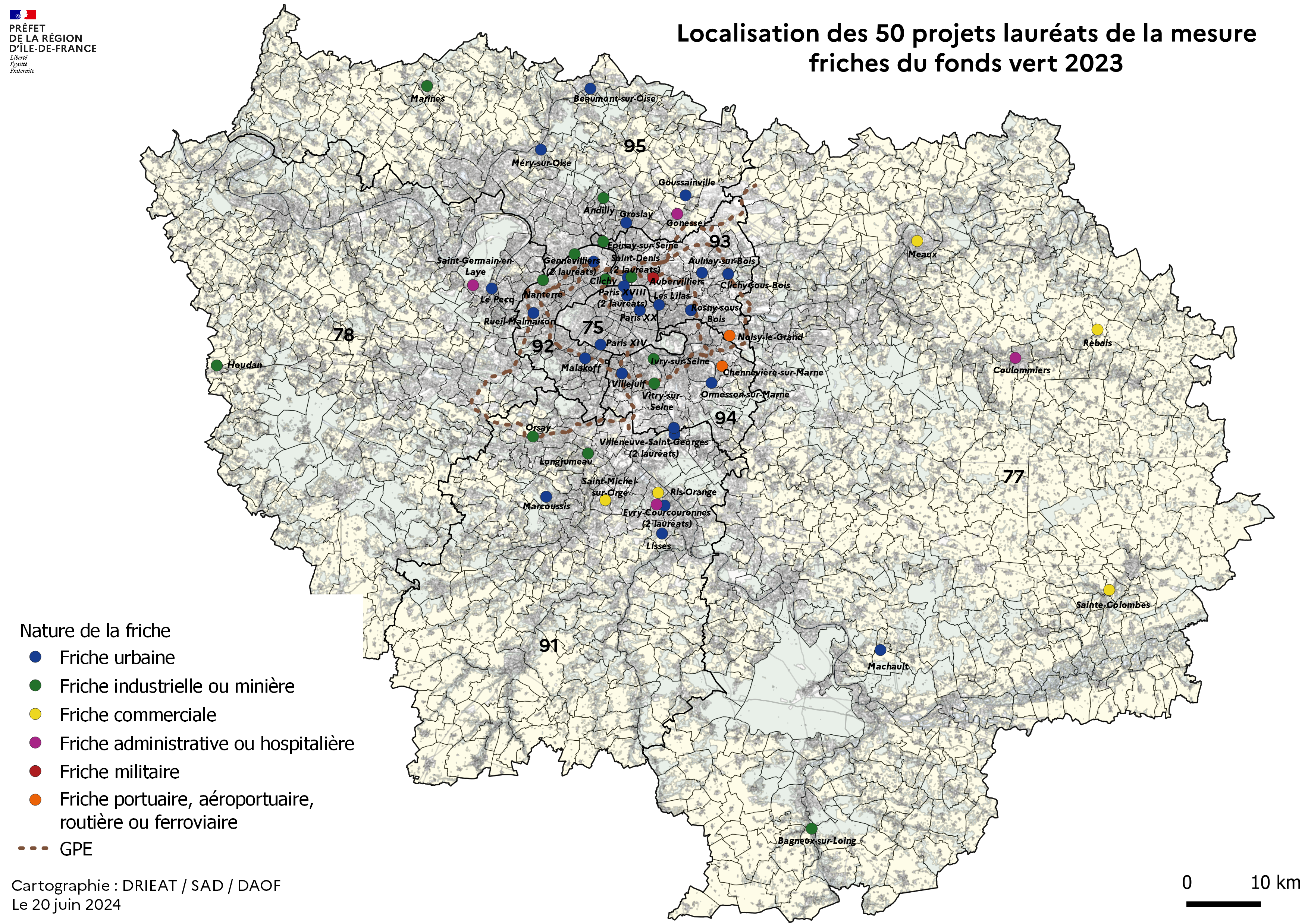 Localisation des 50 lauréats franciliens de l'édition 2023 de la mesure friches du fonds vert