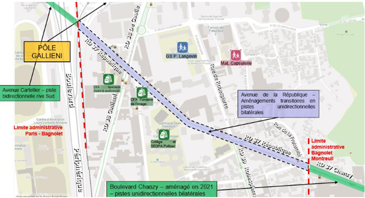 Bagnolet - plan du projet. En violet : aménagements transitoires en pistes undirectionnelles bilatérales prévues avenue de la République.